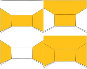 Imagem com quatro opções de pintura que alteram a percepção de profundidade e tamanho de um ambiente. Cada quadrante apresenta uma técnica diferente de uso de tinta para influenciar visualmente o espaço.