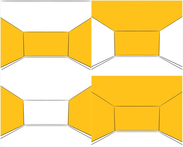 Imagem com quatro opções de pintura que alteram a percepção de profundidade e tamanho de um ambiente. Cada quadrante apresenta uma técnica diferente de uso de tinta para influenciar visualmente o espaço.